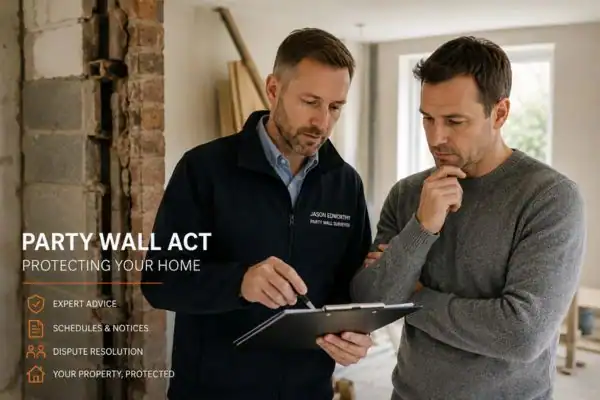 Party wall surveyor Catshill discussing extension plans with homeowner outside a UK semi-detached house.